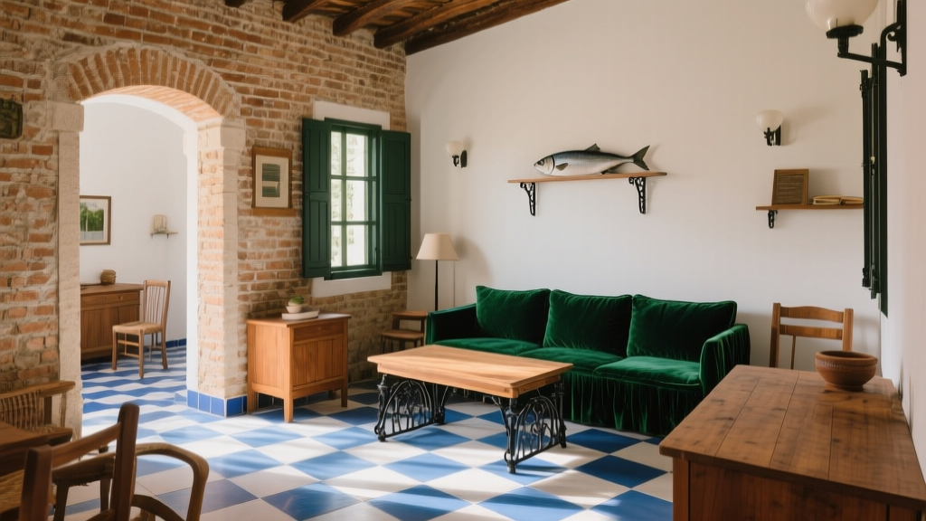 Intérieur d’une maison de pêcheur design avec briques apparentes et carrelage damier bleu marine