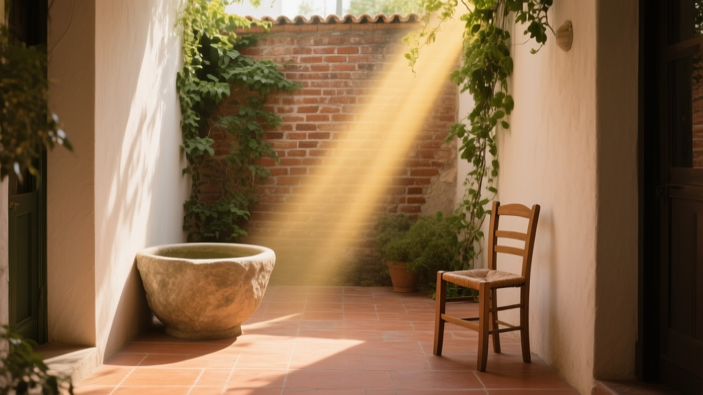Patio lumineux avec murs de brique, sol terracotta et lumière naturelle dans une maison de pêcheur