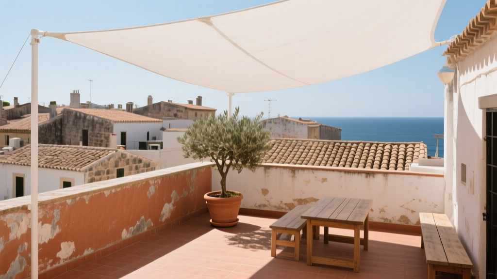 Terrasse sur les toits de Minorque avec voile d’ombrage blanc, murs en pierre et vue sur la vieille ville