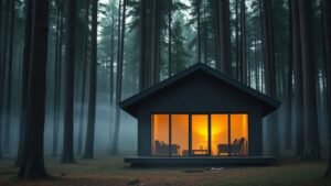 Petite maison en bois nature nichée dans une forêt, avec grandes baies vitrées et lumière chaleureuse