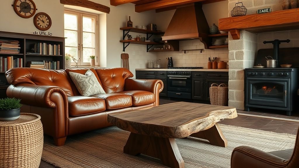 Salon chaleureux d’une maison en bois nature avec canapé en cuir, table basse en bois et lumière douce