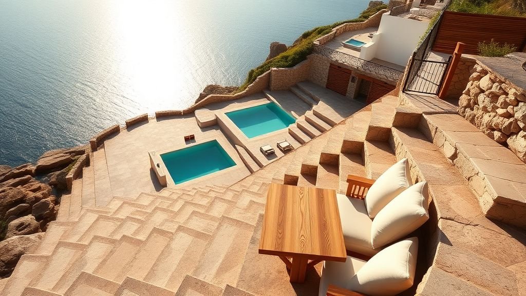 Terrasses méditerranéennes en cascade avec piscine face à la mer et mobilier extérieur sobre