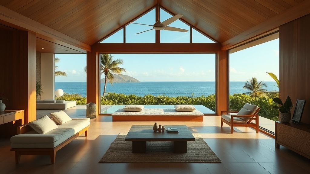 Intérieur d’une maison moderniste des années 70 avec bois naturel, pierre et grande ouverture sur le paysage