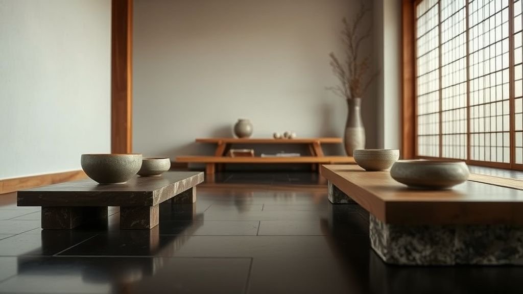 Coin salon inspiré du Japon avec mobilier bas, céramiques artisanales et matières naturelles