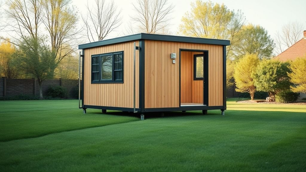 Mini maison pliable posée dans un jardin calme, avec structure compacte et ambiance naturelle