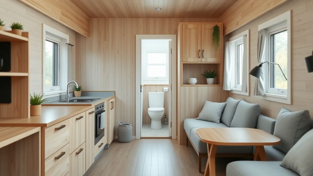 Intérieur d’une mini maison avec kitchenette compacte et espace de vie lumineux