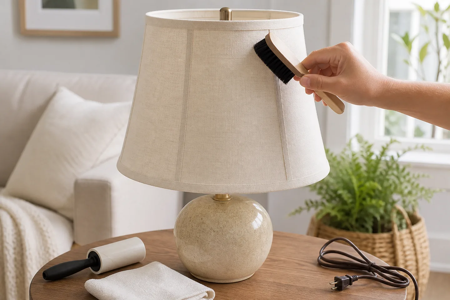 Dépoussiérage d’un abat-jour en tissu sur une lampe débranchée