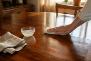 Nettoyage d’une table en bois verni avec très peu d’eau