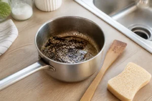 Casserole brûlée refroidie avant un nettoyage progressif