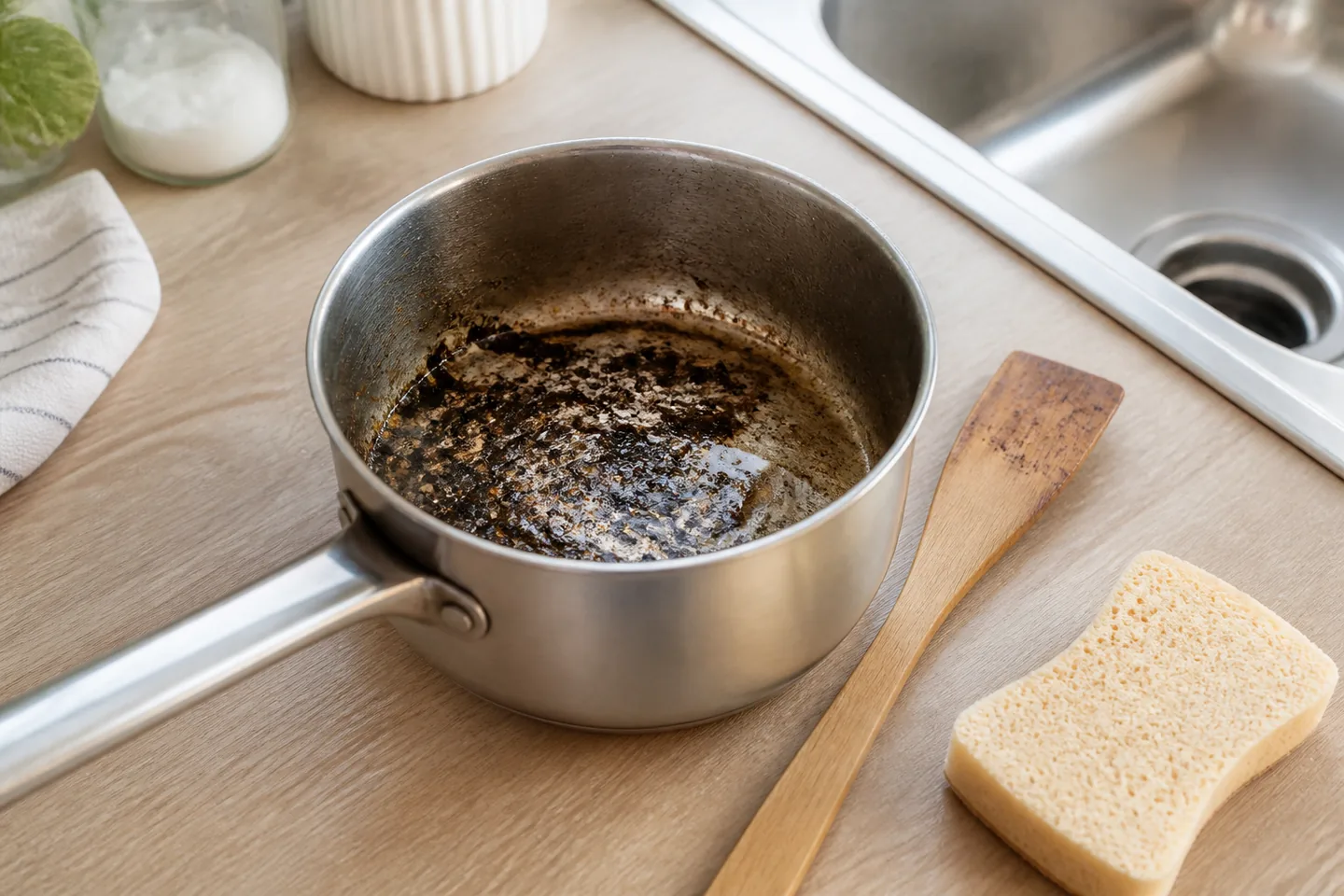 Casserole brûlée refroidie avant un nettoyage progressif