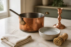 Casserole et objet en cuivre avec chiffon doux et eau savonneuse