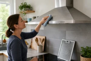 Dégraissage d’une hotte en inox avec une microfibre