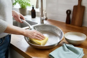 Nettoyage doux d’une poêle en inox avec une éponge non abrasive