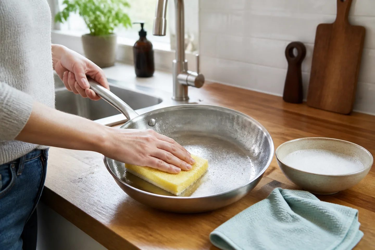 Nettoyage doux d’une poêle en inox avec une éponge non abrasive