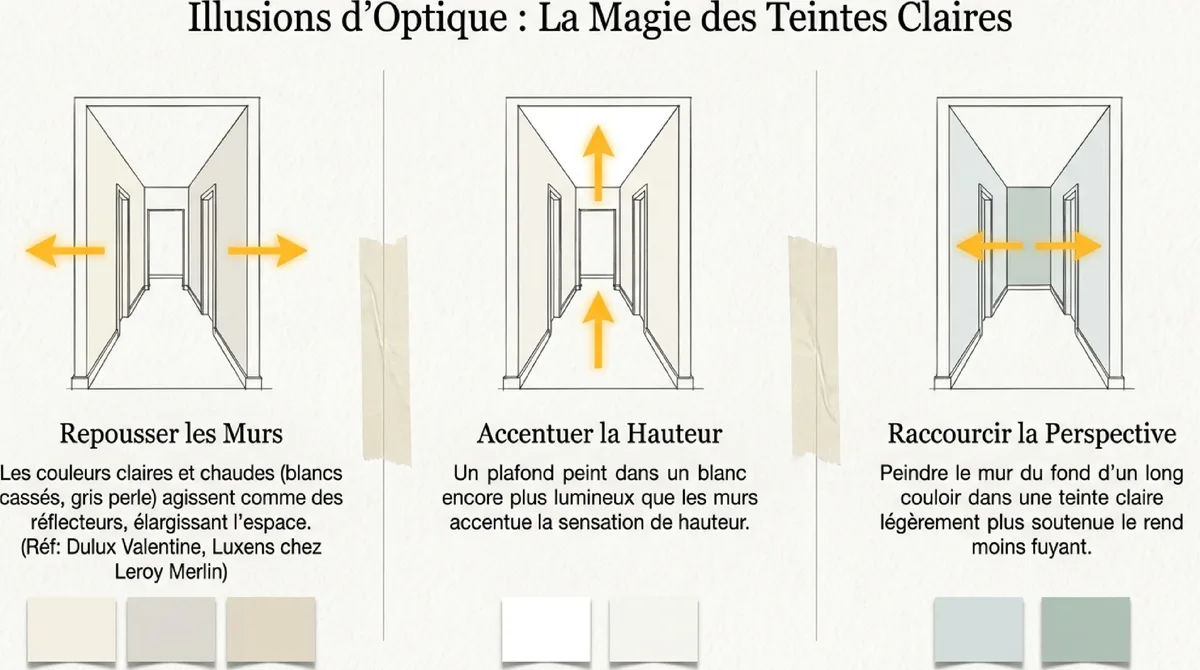Infographie Illusion d'Espace et Luminosité : La Magie des Teintes Claires et Chaleureuses dans votre Couloir