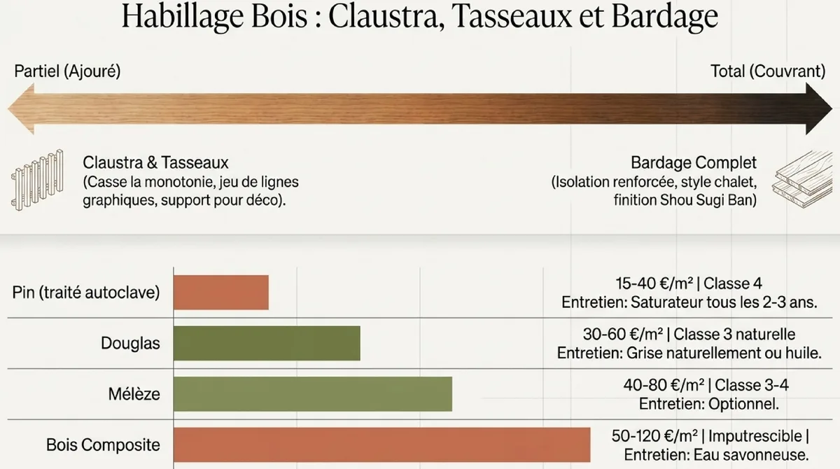 Infographie Astuce 3 : L'habillage bois — claustra, tasseaux et bardage