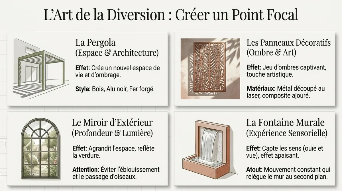 Infographie Astuce 4 : Détourner l'attention — pergola, panneaux et fontaine