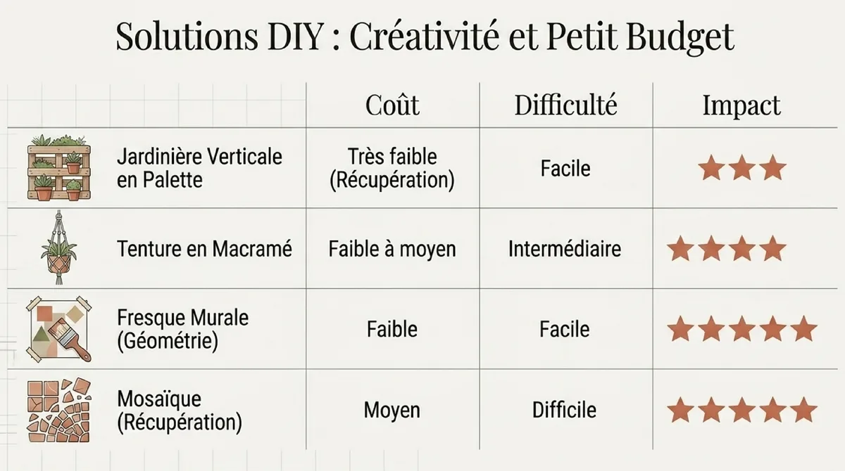 Infographie Astuce 5 : Le DIY créatif — macramé, mosaïque et palettes recyclées
