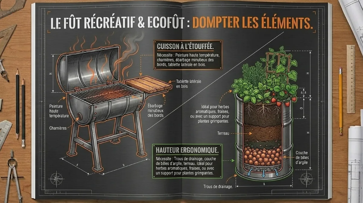 Infographie Le fût en métal au service de vos espaces extérieurs : jardinage et barbecue