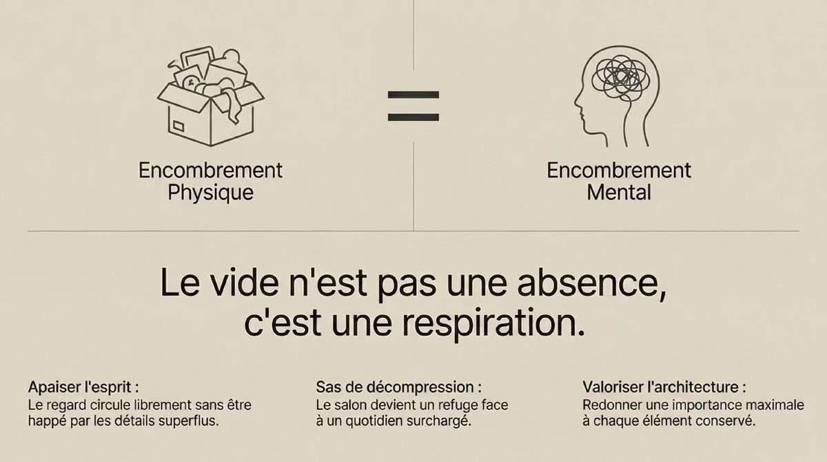 Infographie Les fondements du salon épuré : psychologie de l'espace et palette chromatique