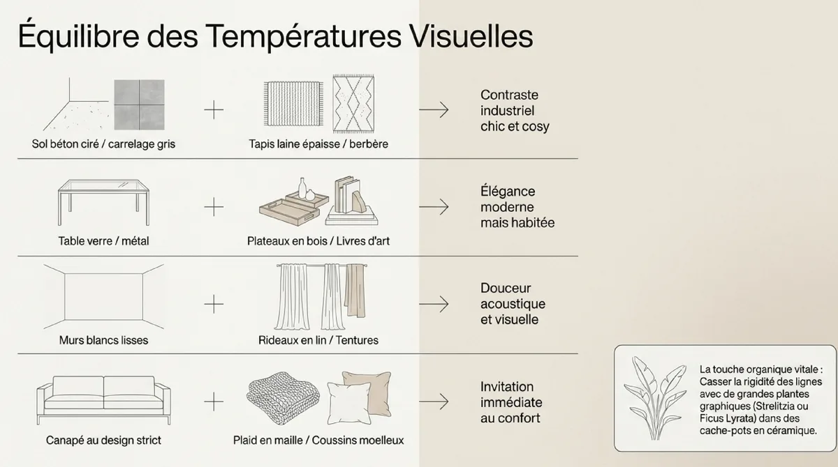 Infographie Les fondements du salon épuré : psychologie de l'espace et palette chromatique
