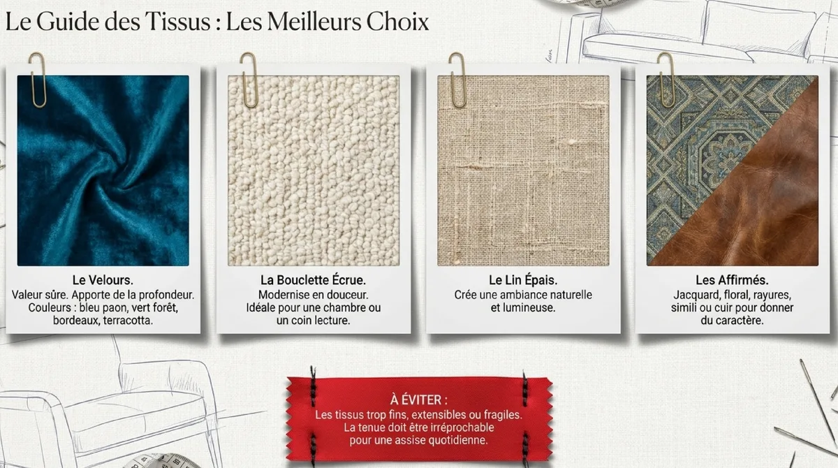 Infographie Choisir le tissu : velours, bouclette, lin, motifs ou cuir