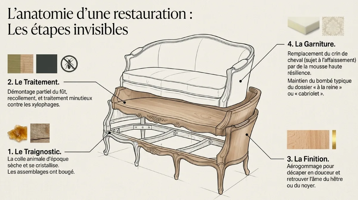 Infographie L'art de la restauration : Préparer la structure des canapés Louis XV pour une nouvelle vie