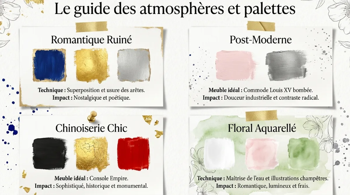 Infographie L'Art de la Renaissance : Métamorphose des Commodes Vintage par la Couleur et la Texture