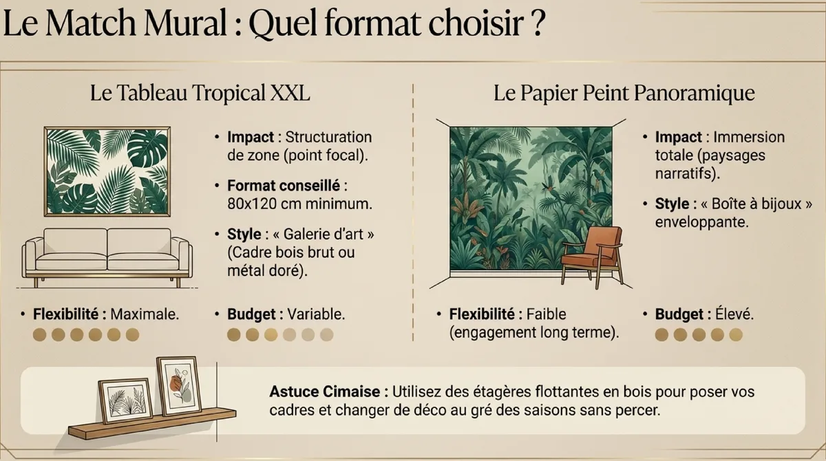 Infographie L'art mural : choisir le parfait tableau tropical ou le papier peint panoramique