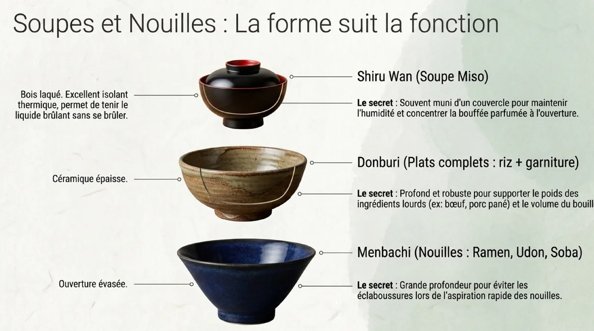 Infographie L'art des soupes et des nouilles : Shiru wan, Donburi et Menbachi
