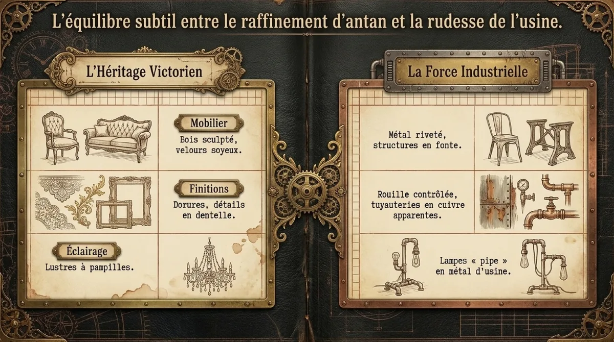 Infographie Caractéristiques visuelles de la déco steampunk industrielle et victorienne