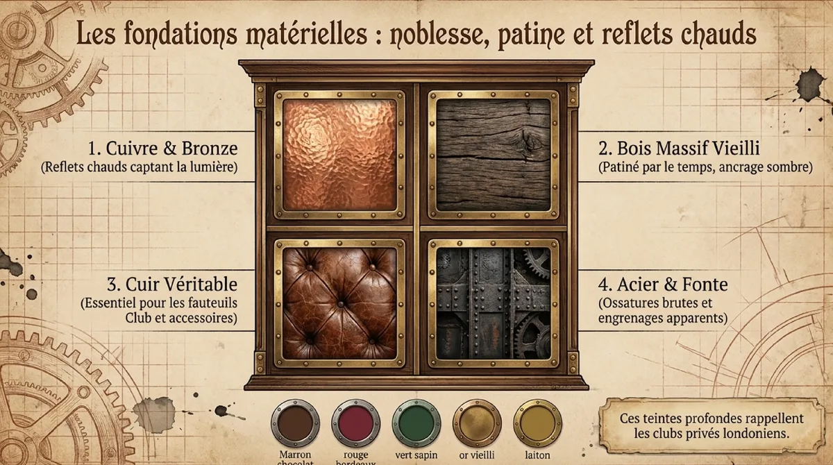 Infographie Matériaux bruts incontournables : cuivre, bronze, bois vieilli et cuir