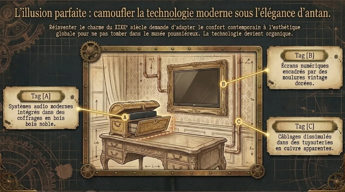 Infographie Ambiance victorienne revisitées dans une décoration steampunk moderne