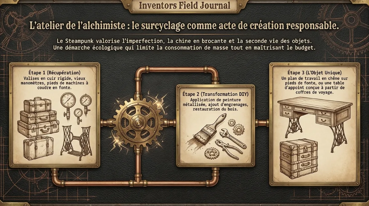 Infographie Dynamique créative et responsable : recyclage et transformation en déco steampunk