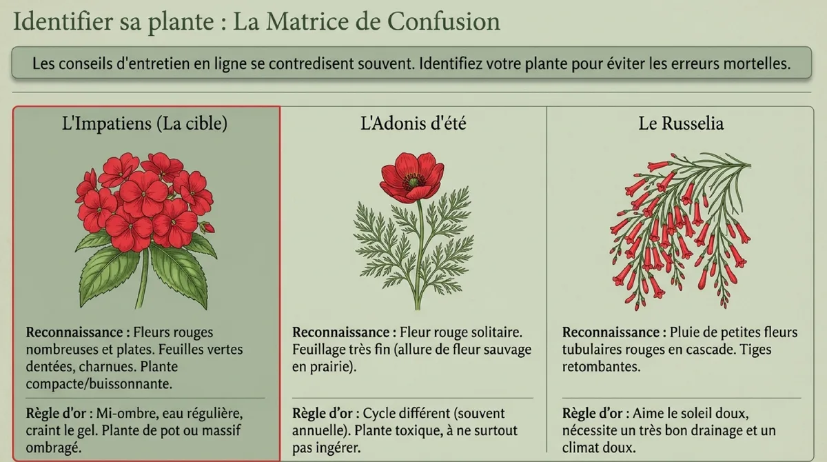 Infographie Impatiens, adonis, russelia : ne pas confondre