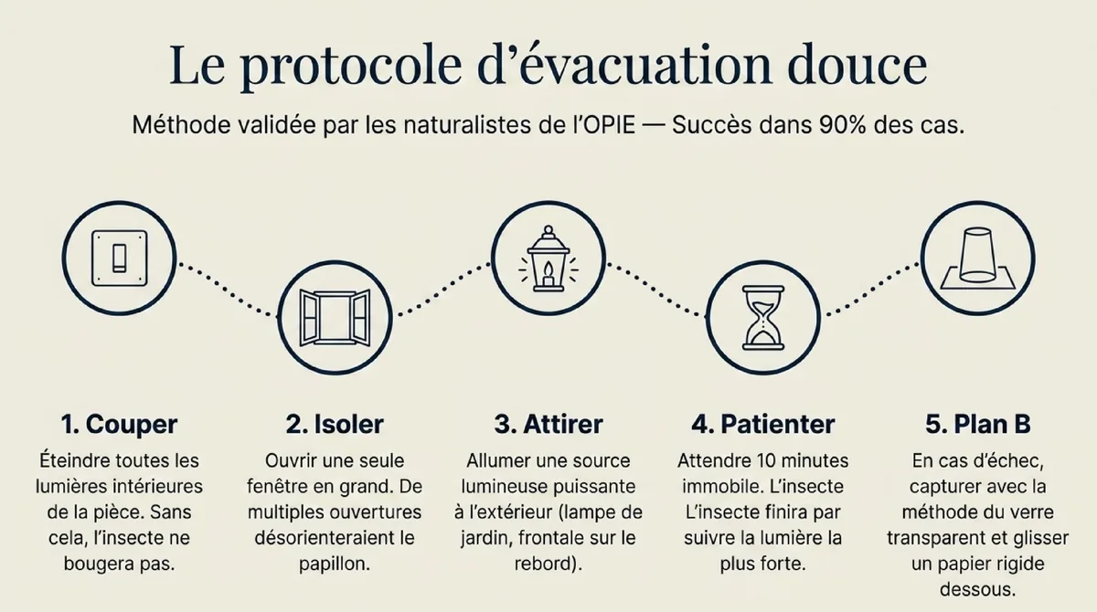 Étapes pour évacuer doucement un papillon de nuit