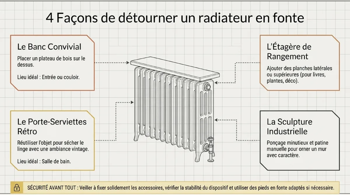 Infographie Des idées originales pour offrir une vraie seconde vie à un radiateur en fonte