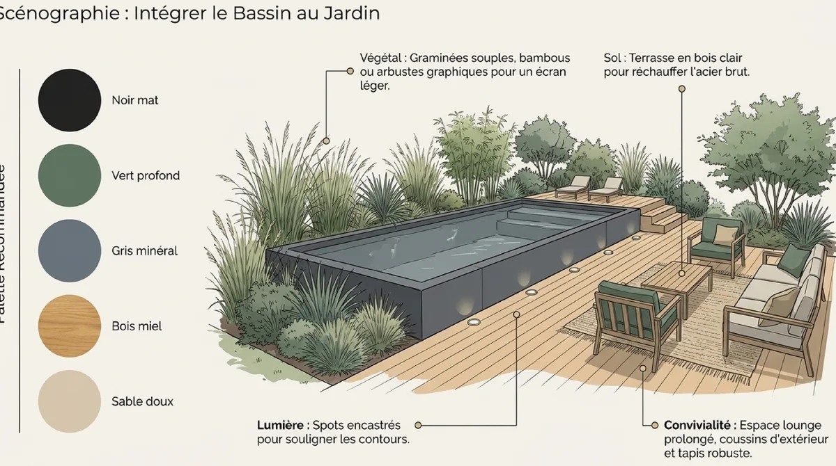 Infographie Intégrer la piscine container dans un jardin élégant