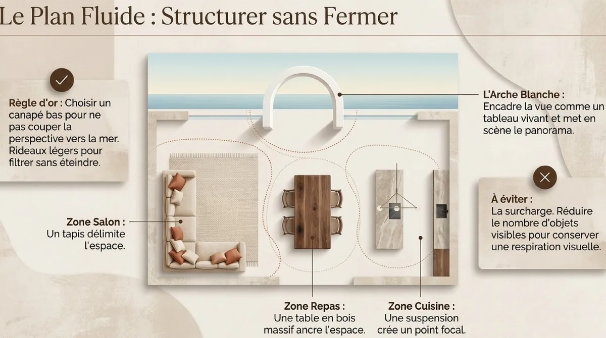 Infographie Le salon et la cuisine : un seul volume tourné vers la mer