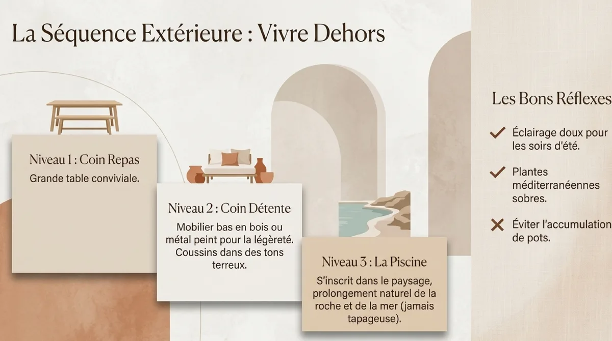 Infographie Terrasses, piscine et cuisine d’été : prolonger la maison dehors