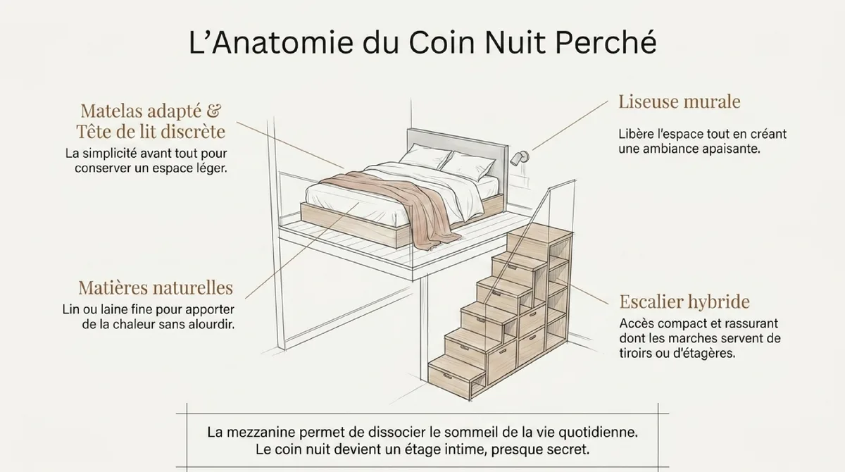Infographie La mezzanine, pièce maîtresse de ce petit appartement