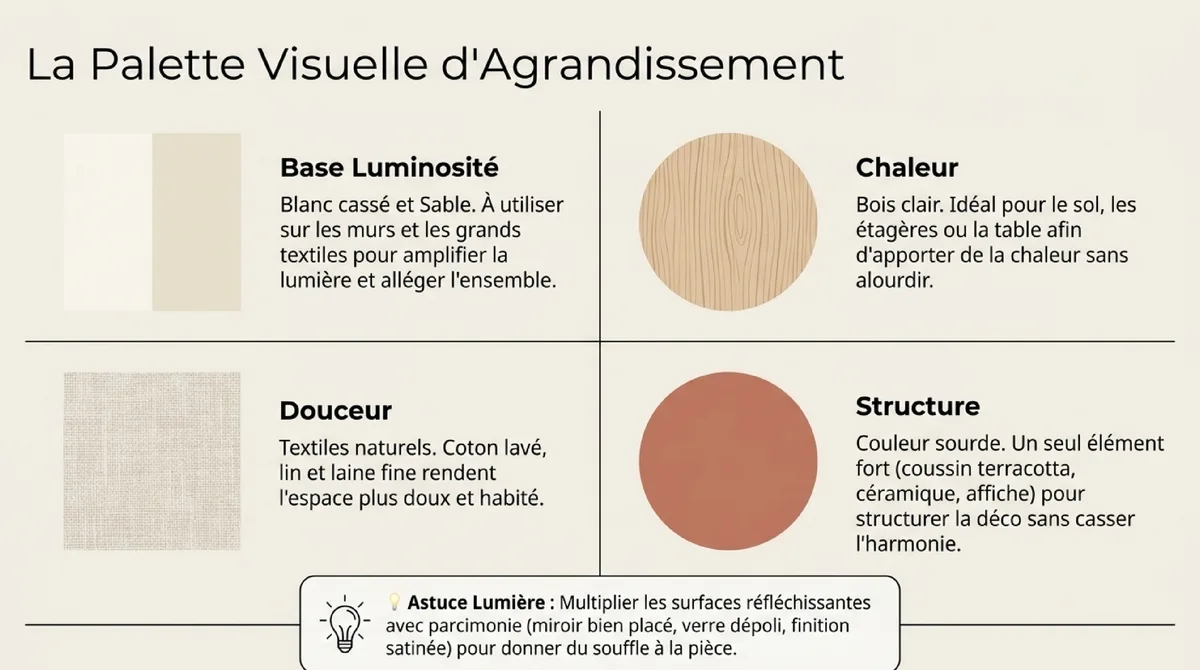 Infographie Palette, matières et astuces déco pour agrandir visuellement