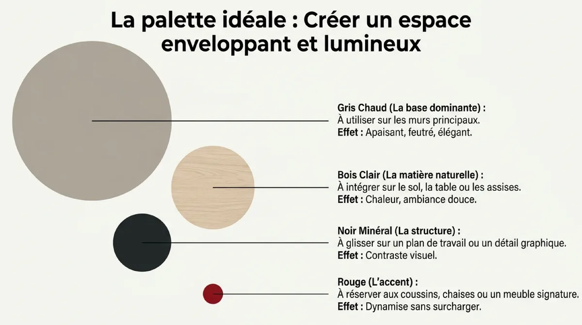 Infographie Une palette grise réchauffée par le bois et le rouge