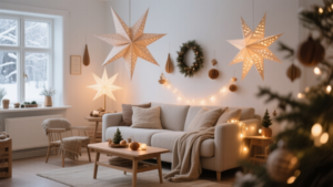 Salon scandinave décoré pour Noël avec étoiles en papier, bois clair et lumières douces