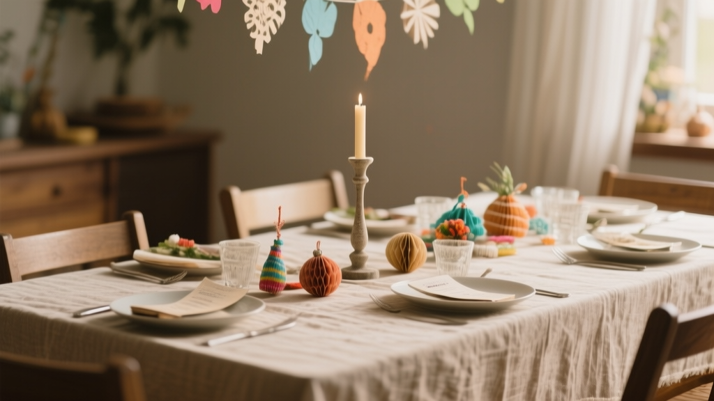 Table de fête avec chandelier, décorations en papier et linge naturel sous une lumière douce