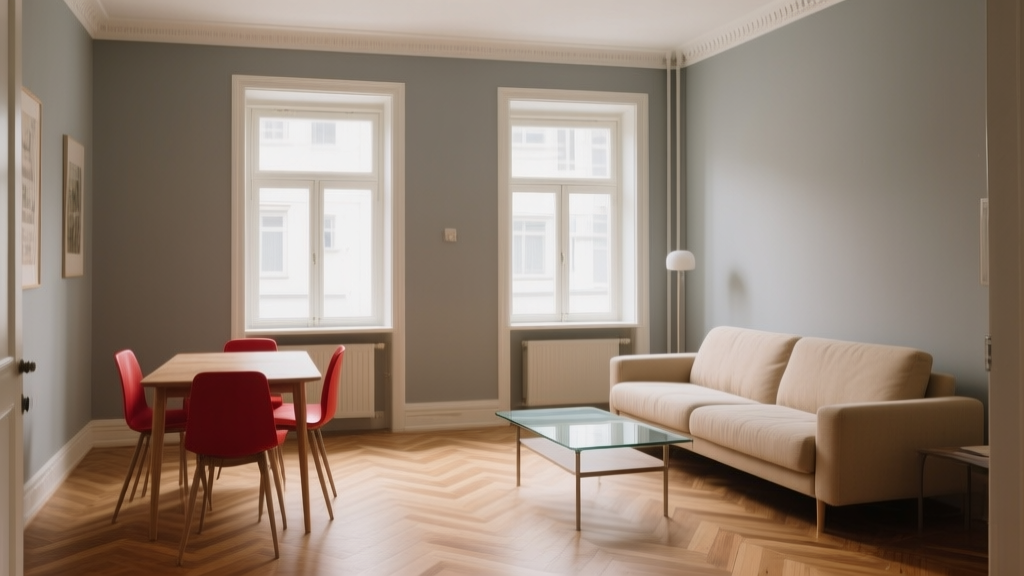Salon lumineux d’un petit appartement 40 m² avec murs gris, parquet en chevrons et touches de rouge