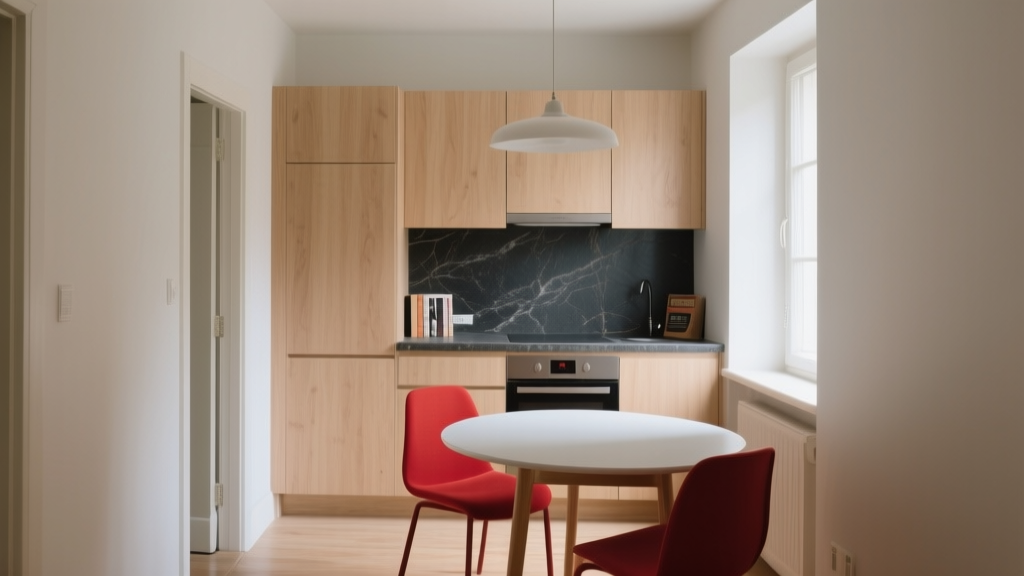 Cuisine ouverte compacte avec rangements en bois clair, plan sombre et accent rouge dans un petit appartement