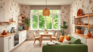 Petit appartement campagne avec papier peint botanique, canapé vert et cuisine rose sous lumière naturelle