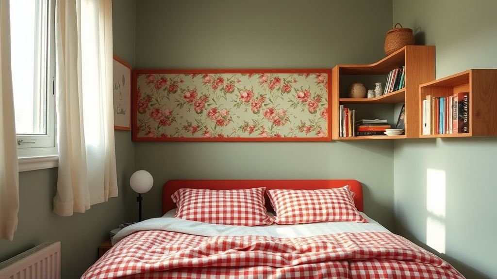 Chambre de petit appartement campagne avec tête de lit terracotta, papier peint floral et linge vichy
