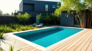 Piscine container contemporaine dans un jardin avec terrasse bois et végétation légère